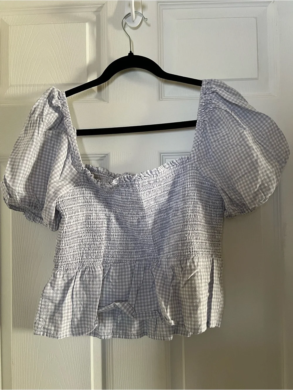 J. Crew Lavender Gingham Smocked Puff Sleeve Top